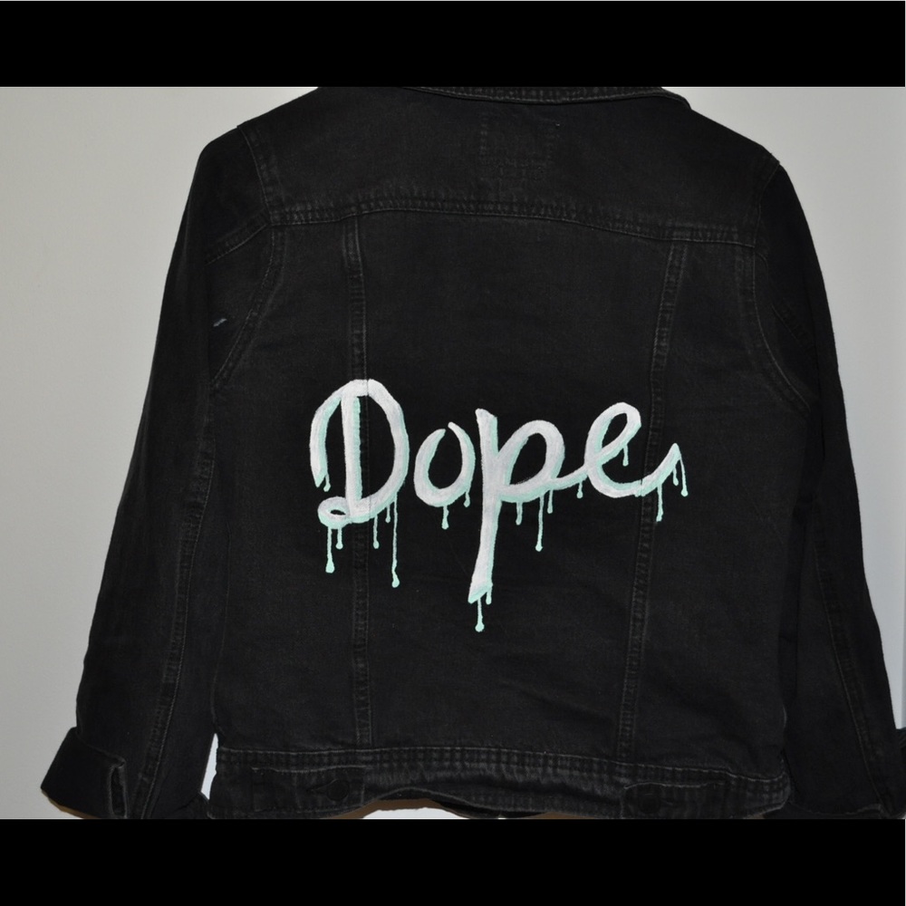Black jean jacket - hand painted “dope” on back